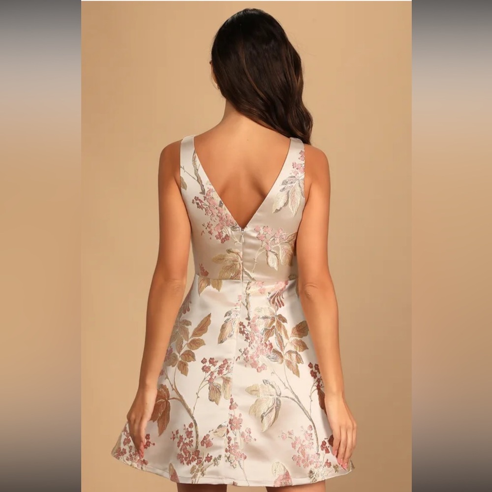 Lulus Revel in the Magic Beige Floral Skater Dresss - Picture 4 of 7